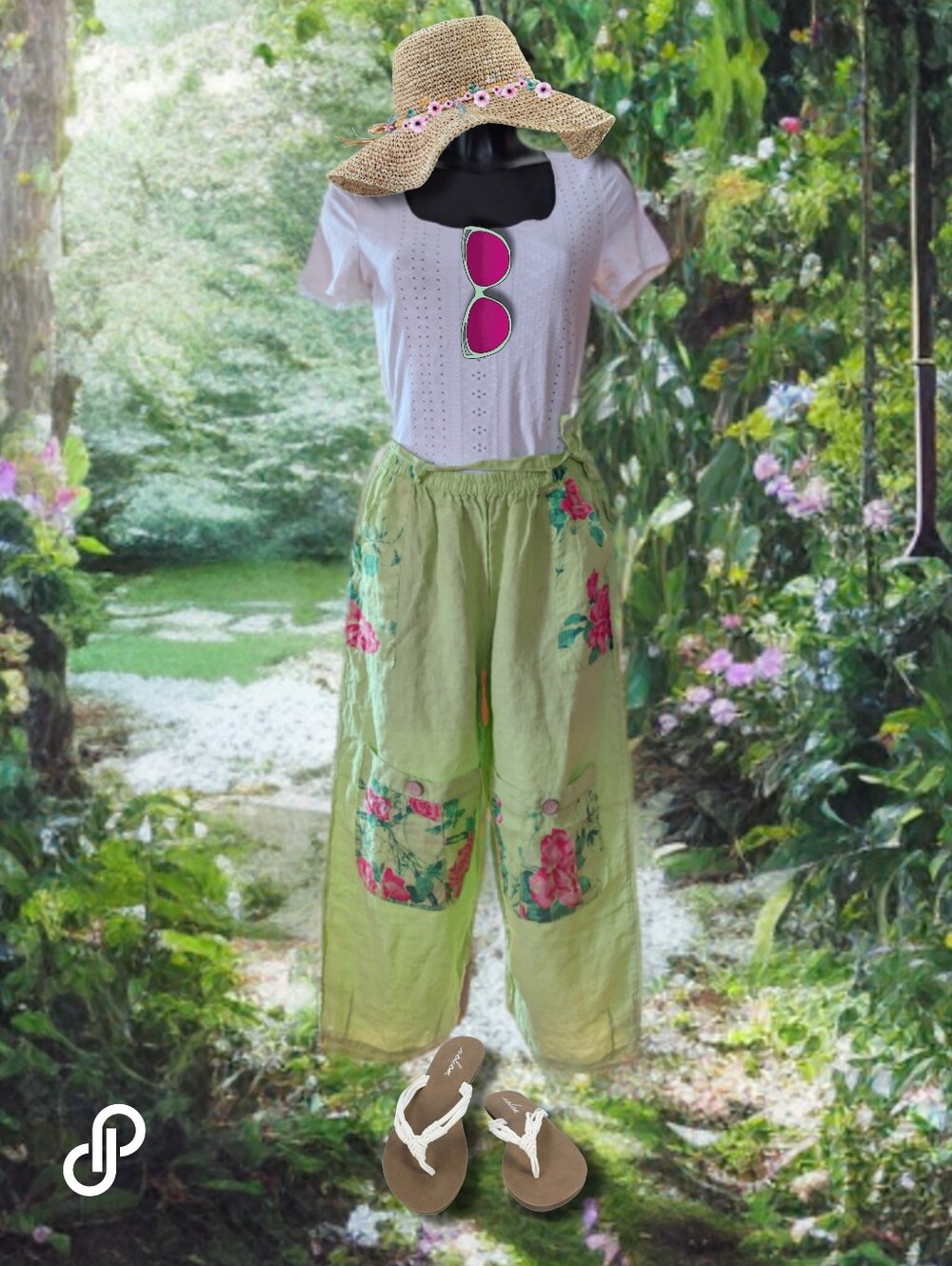 Wife Lef Line Green Floral Pocketed Linen Pants Size Large